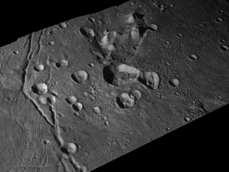 A view of craters and a group of mountains on Charon. The largest craters are about (30 miles) 50 km across.